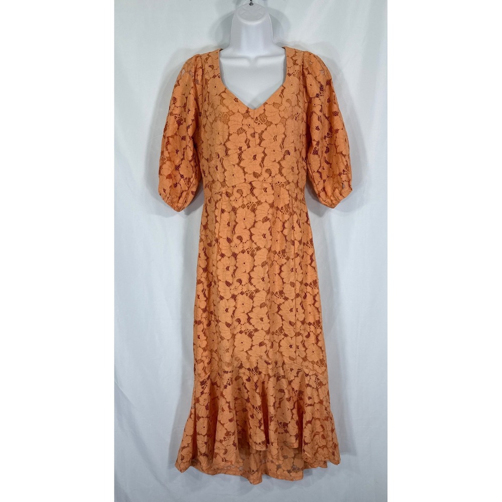 Cato Collection Apricot Orange Floral Lace Puff Sleeve Ruffle Midi Dress Size 4